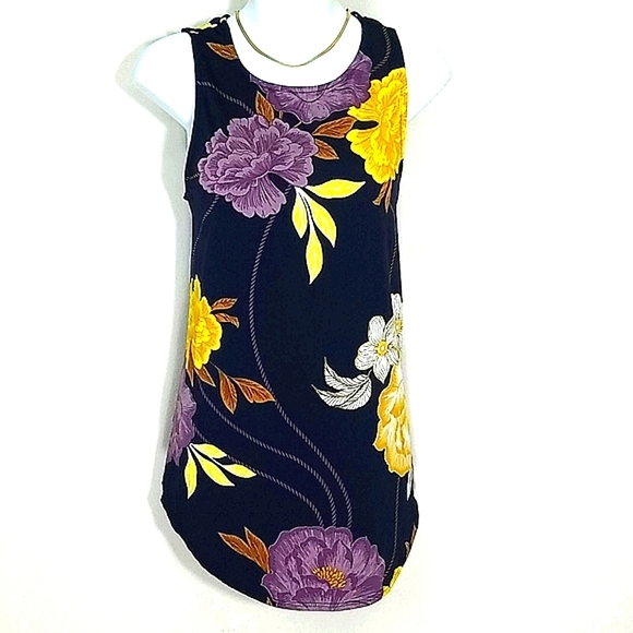 Tank Top Tunic Dark floral print stretch mini Sundress Round Neck Sleeveless - Picture 1 of 6